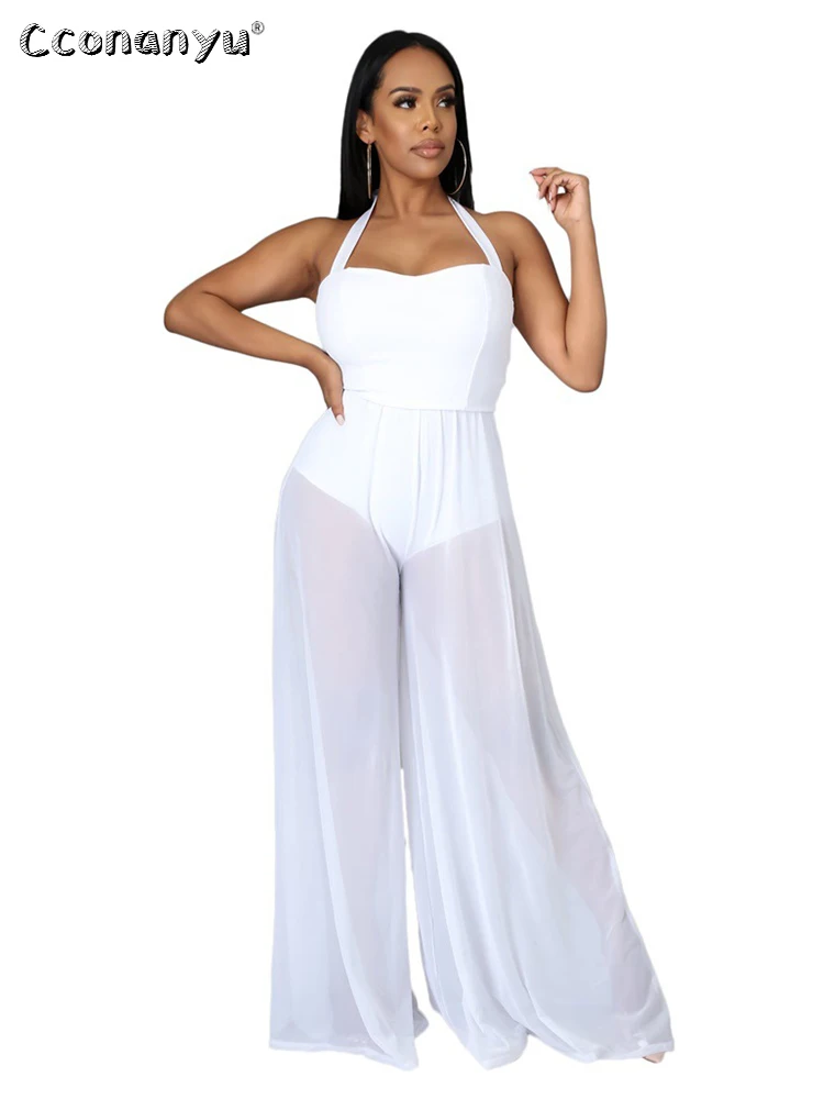 Summer Solid Chiffon Ladies Jumpsuit Casual One-piece Outfit Halterneck Pants Loose Mesh White Jumpsuits for Women 2022 Elegant