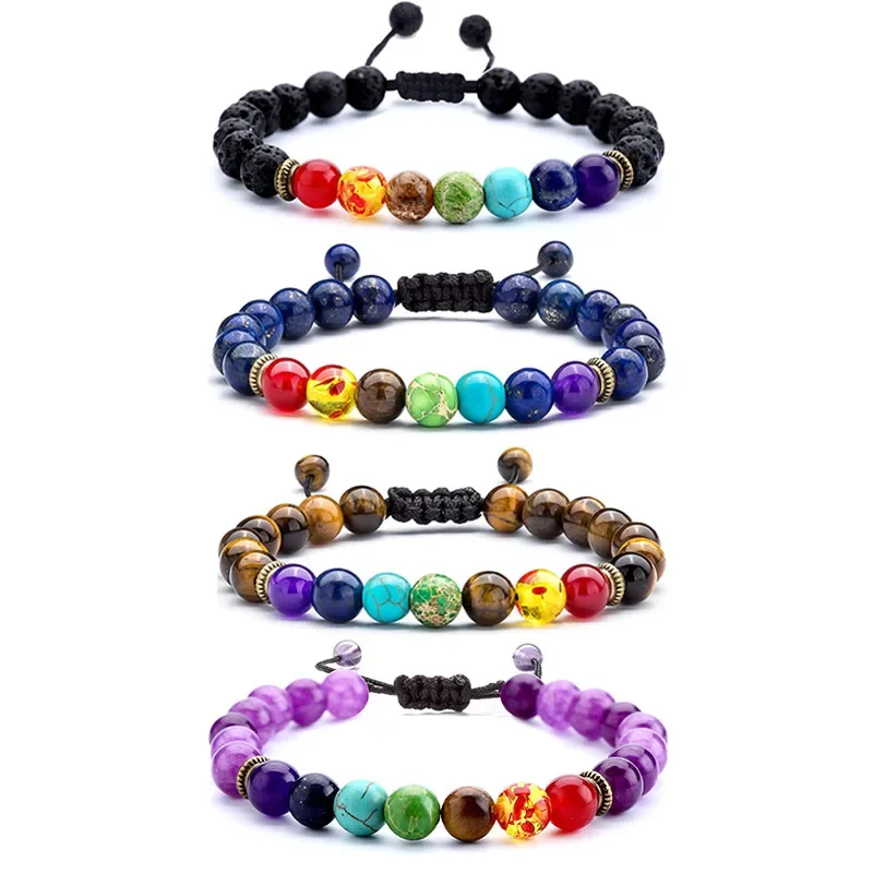 

*Lucky 7 Chakras Gemstone Crystal Evil Eye Bracelet Hand of Fatima Bracelets for Women Men Quartzs Beads Bangles Ethnic Jewelry