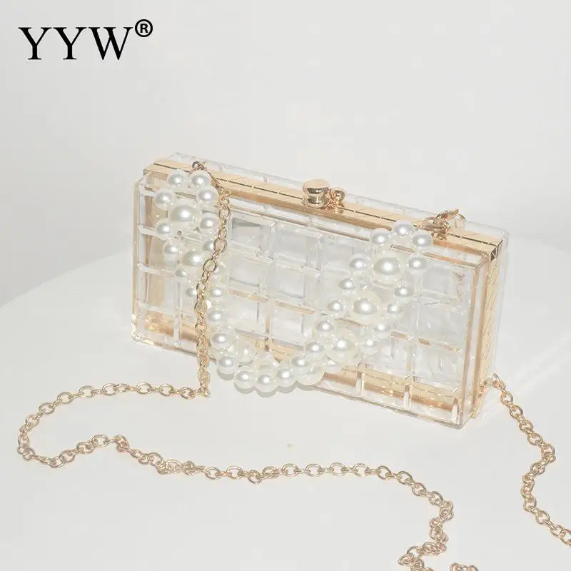 Fashion Acrylic Clutch Bag Evening Bag For Elegant Women Pearl Beads Decor Lock Chain Shoulder Bag Purses Transparent Clutch Bag