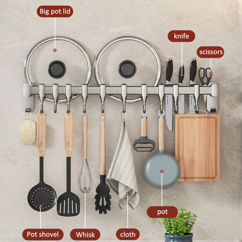 Kitchen Storage Rack Non-perforated shelves Wall Mounted with Movable hook Spoon Holder Organizer Kitchen Utensil Accessories 5