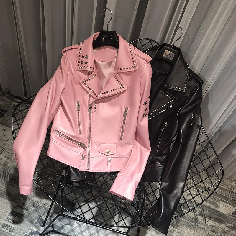 

Spring SLP New Rivet Spring Women's Leather Coat Jacket Short Slim Fit Genuine Leather Sheepskin Motorcycle Trend