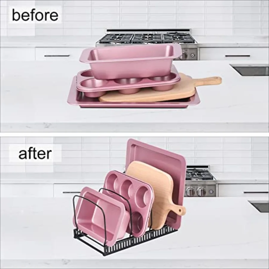 10+ Bakeware Organizer Rack for Kitchen Bakeware Cookware Dinnerware Cutting Boards Plates Pot and Pan Lids Black