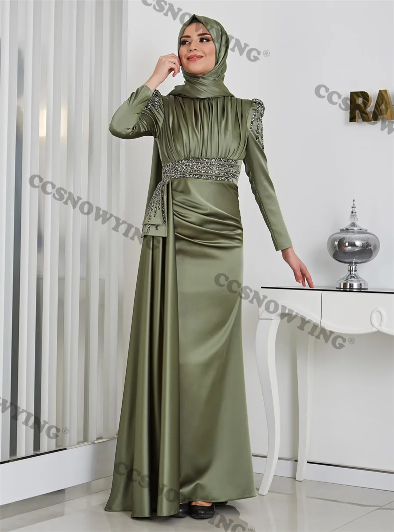 

Satin Beaded Muslim Evening Dresses Islamic Long Sleeve A Line Formal Party Gown Women Hijab Arabic Dubai Robes De Soirée