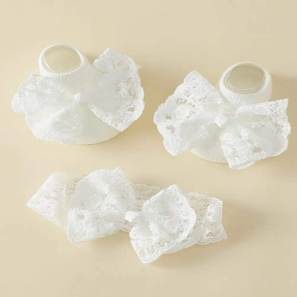 2Set Lace Bow Baby Headband Socks Set Soft Cute Baby Floor Sock Breathable Korean Style Elastic Hair Band Newborn Baby