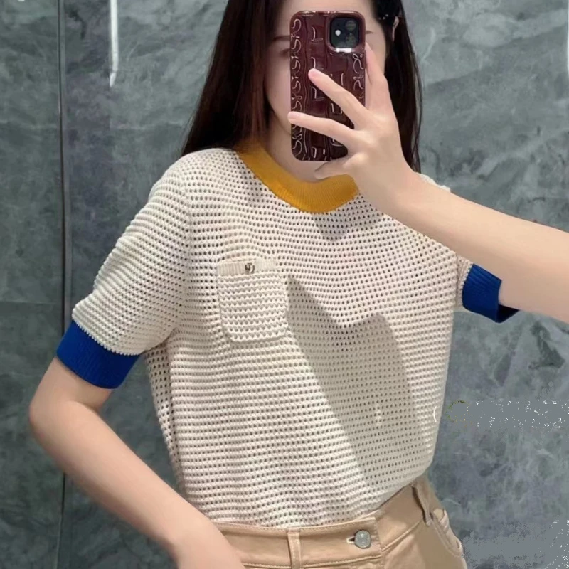 

2023 Summer New In Crewneck Short-Sleeve Knit Women Tee Hollow Mesh Collision Color Waffle Casual Sweater Tops
