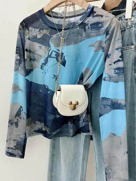 Blue Water Ink Painting Print Long Sve T-irt Women's Me Thin Casual Versatile Anti-Aging Slimming Top for Summer