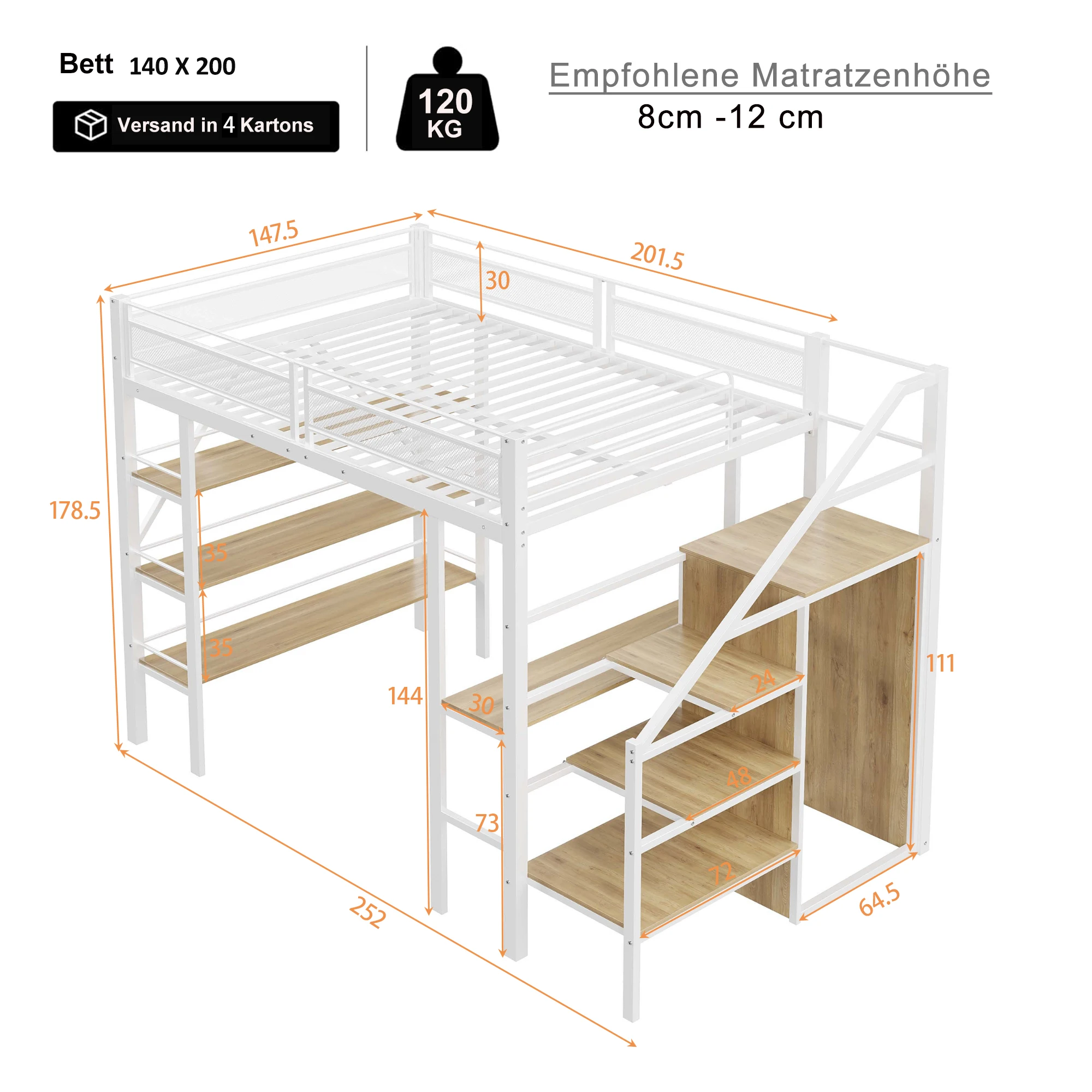 KOMHTOM Eisenhochbett Einzelbett 140x200 cm mit dreilagigem Ablageregal Schreibtisch Kleiderschrank Sicherheitsstufen – Detail 8