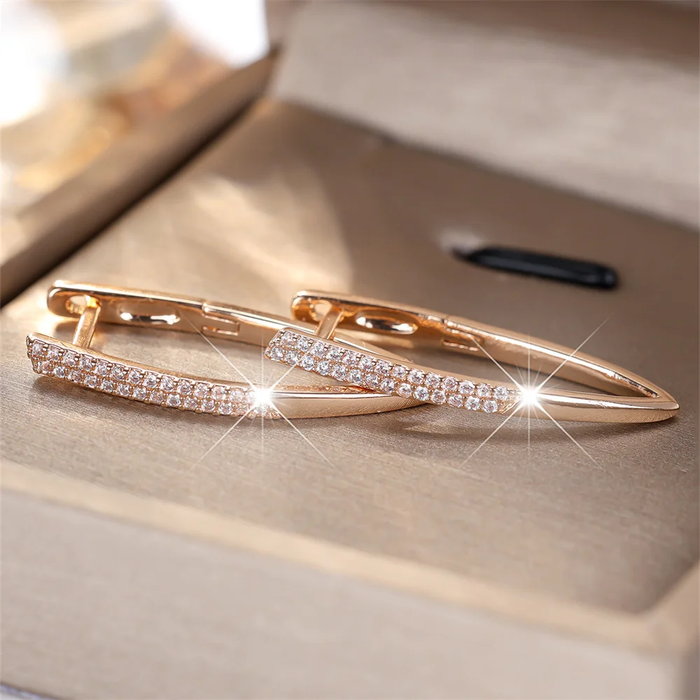 White Zircon Geometric Hollow V Shaped Hoop Earrings For Women Vintage Gold Color Ear Buckle Wedding Jewelry Versatile Gifts