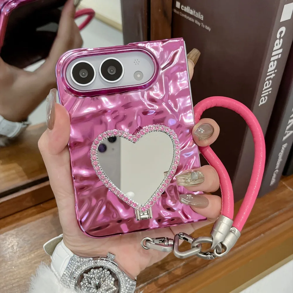 Elegant Heart Mirror Diamond Stand Case with Lanyard - Shockproof and Durable Cover