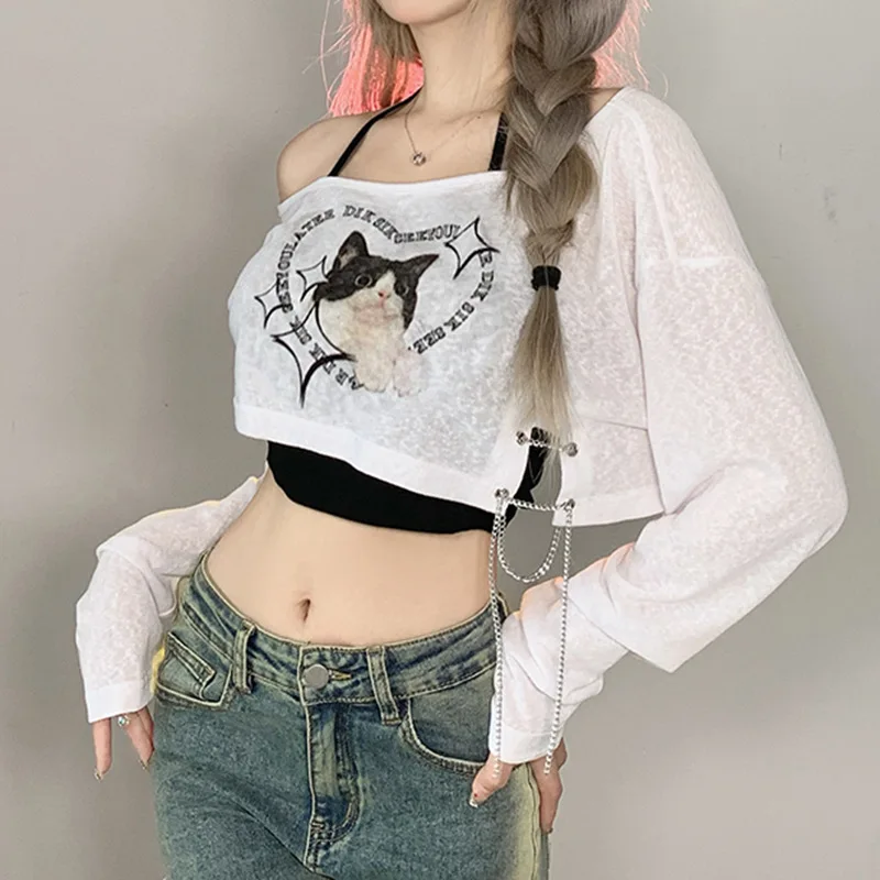 

Kawaii Kitten Print Gauze Crop Top Off-shoulder Cami Women Korean Fashion Long Sleeve T-Shirt Y2k Streetwear Two Pieces Set
