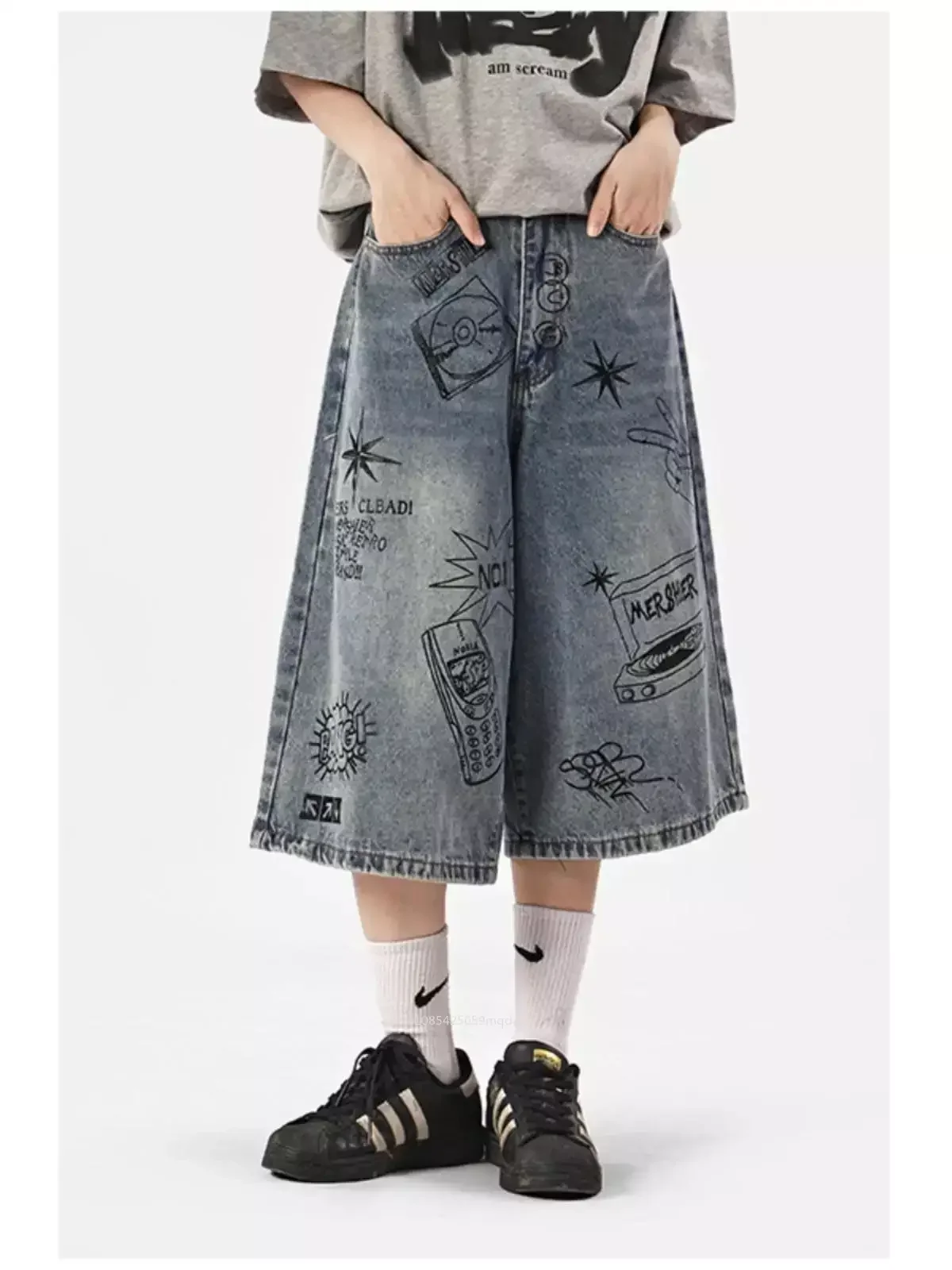 

Summer Thin Graffiti Denim Shorts Women Loose Casual Capris Straight Leg Vintage Wide Leg Shorts baggy jeans women