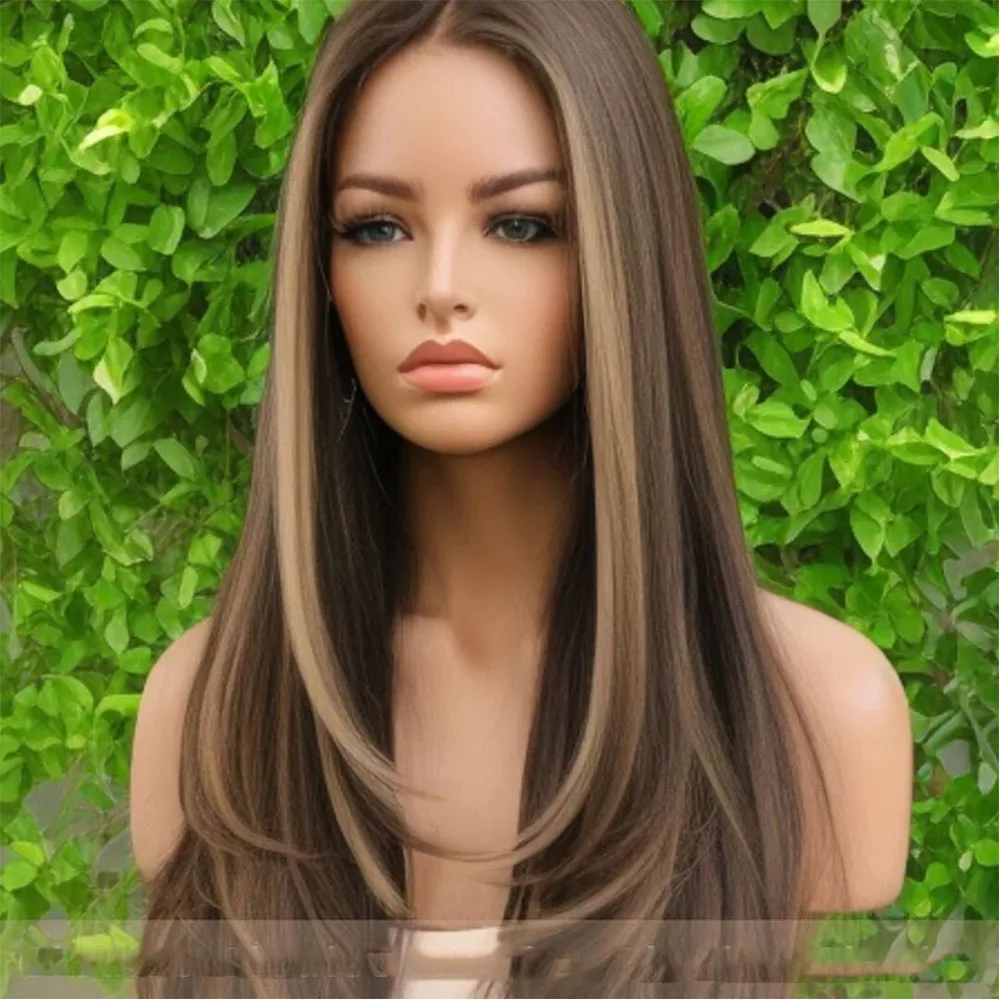 Highlight Brown Soft Long 26'' Straight Natural 5x5 Silk Base Jewish Human Hair Wig Baby Hair HD Lace European Preplucked Human Hair Wigs