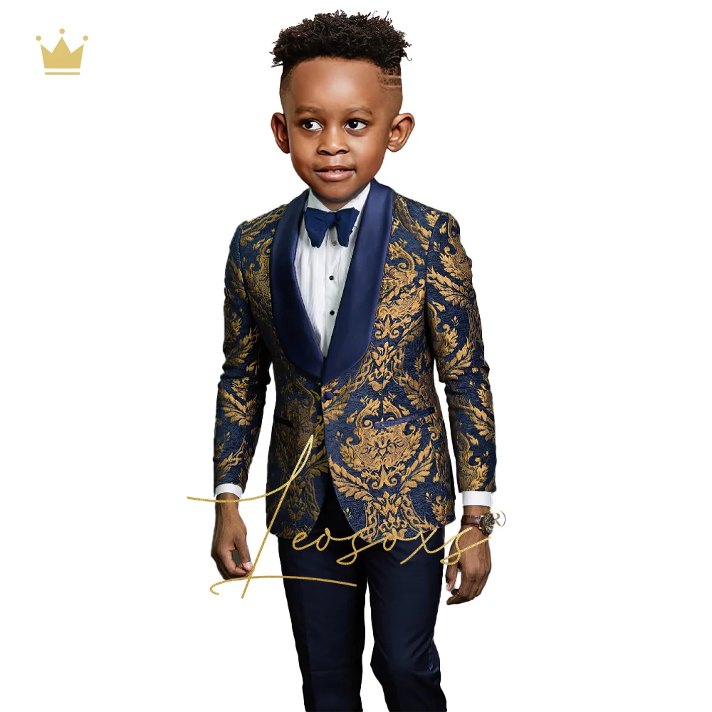 Boys' gold pattern suit dress set 2 pieces (black velvet shawl collar + black trousers) wedding birthday tuxedo