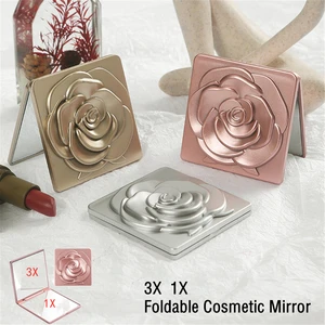 Small Square Makeup Mirror Rose Flower Double-sided Hand Cosmetic Mirrors Folding Pocket Compact Make Up Vanity Mirrors Travel