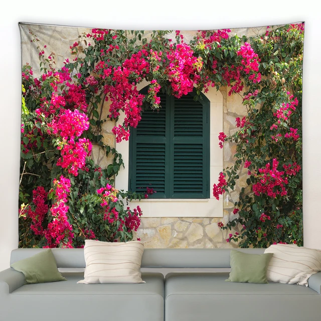 Tapisserie de fleurs pour l'extérieur, clôture de printemps, fond de paysage, grill mural, affiche de jardin pour la maison, décor de salon, esthétique 4