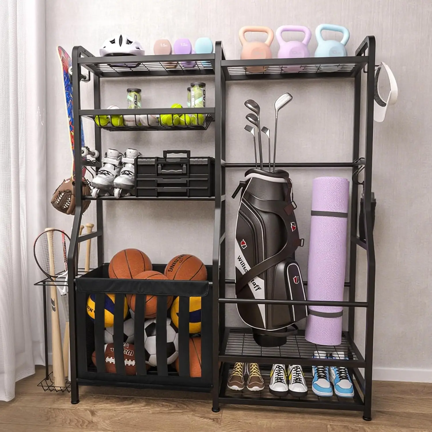 Garage Sports Equipment Organizer, Golf Bag Storage Rack, Heavy Duty Ball Holder with Basket & Hooks, Indoor/Outdoor Basketball