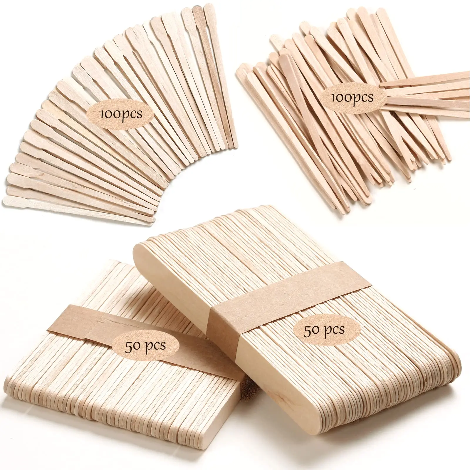 4 Style 300 Pcs Assorted Wooden Wax Sticks - for Body Legs Face and Small Medium Large Sizes Eyebrow Waxing Applicator Spatulas 6