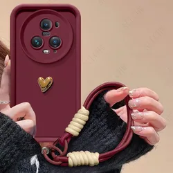 Golden Love Heart Hand Strap Phone Case - Full Protection Cover for Magic5Lite (Wine)