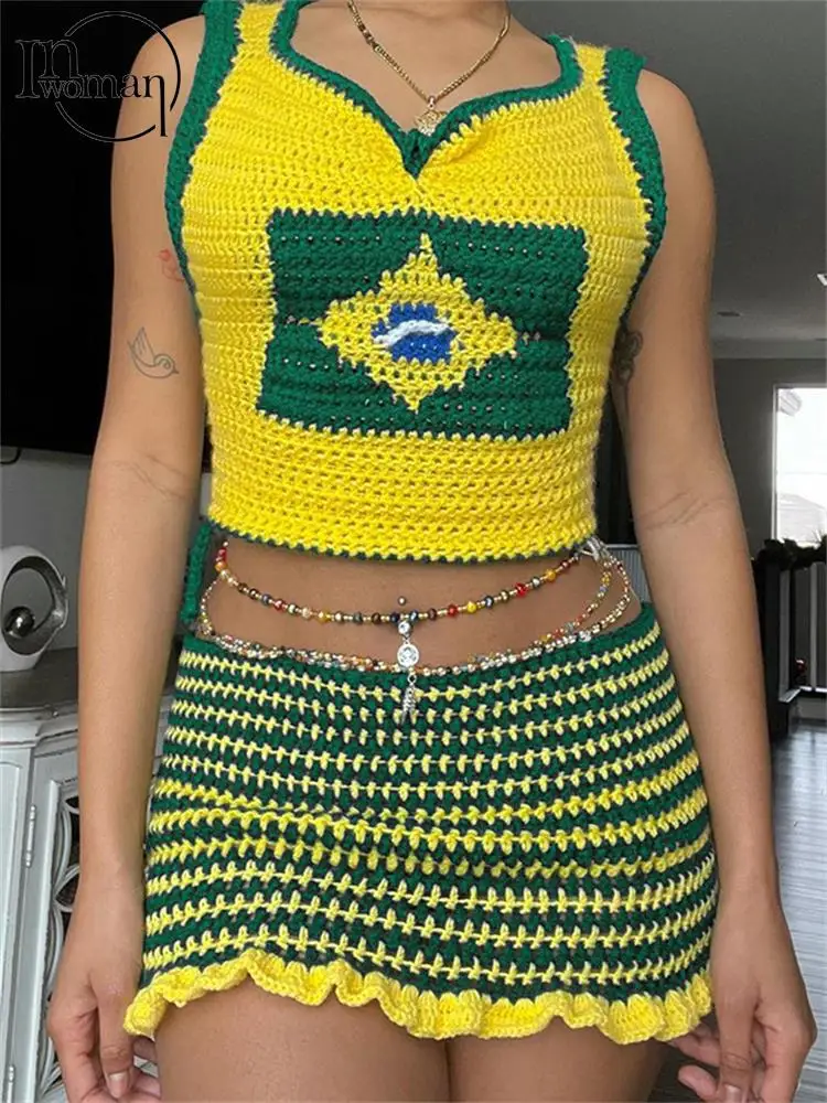 

Inwoman Green Sleeveless V Neck Tank Top Mini Skirt Set Vacation Beach For Women 2023 Summer Kint 2two Piece Skirt Matching Set