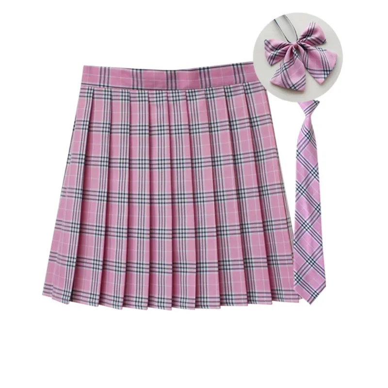 Women Summer Plaid Pleated Skirt With Necktie Bowtie Korean Jk Skirt Uniform Japanese School Preppy A Line Mini Skirts 4
