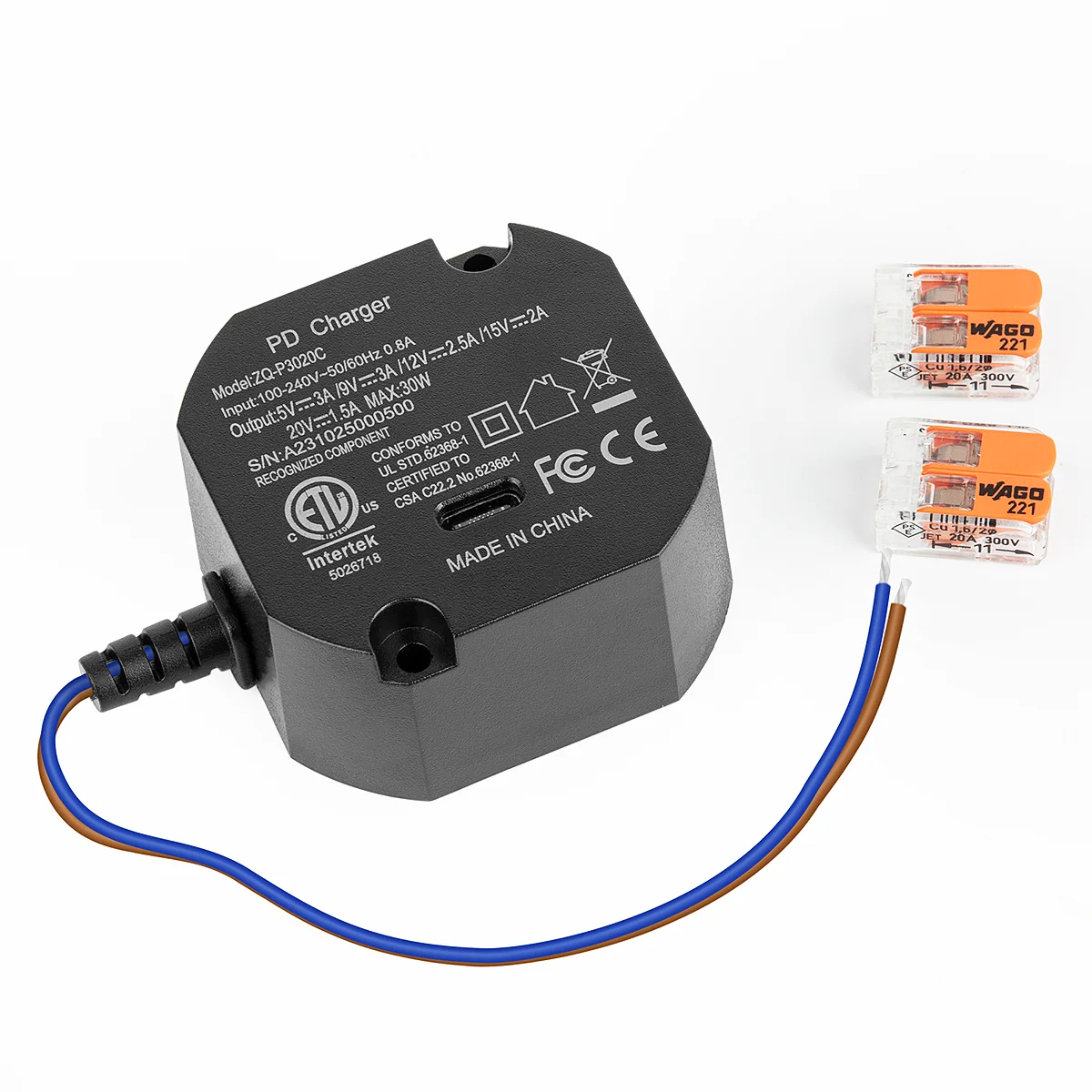 Tablet Fast Charger AC to USBC Adapter Flush Wall-mounted Power Adapter for Ipad with 30W Output 5V 9V 12V 15V 20V TypeC Charger