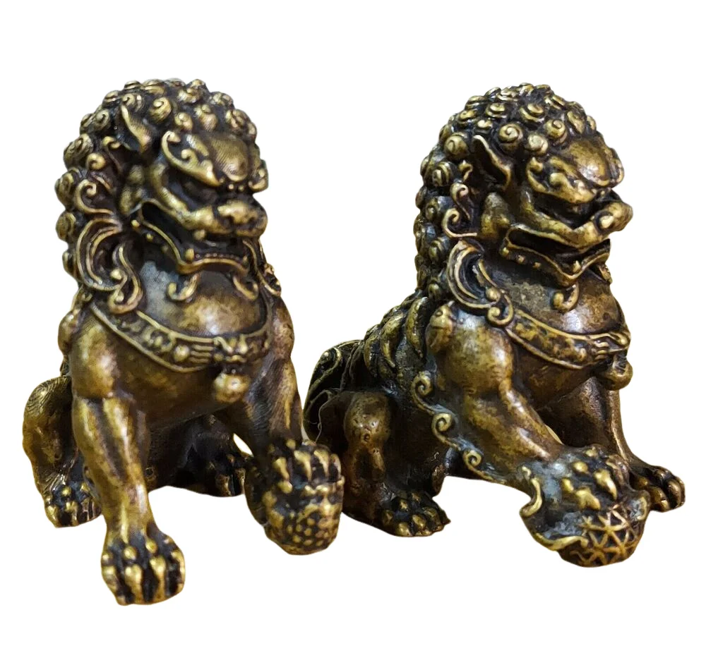 Cina Old Classic Archaic Bronze Lion Pair Fu Foo Dog Guard Statue 5.3Cm