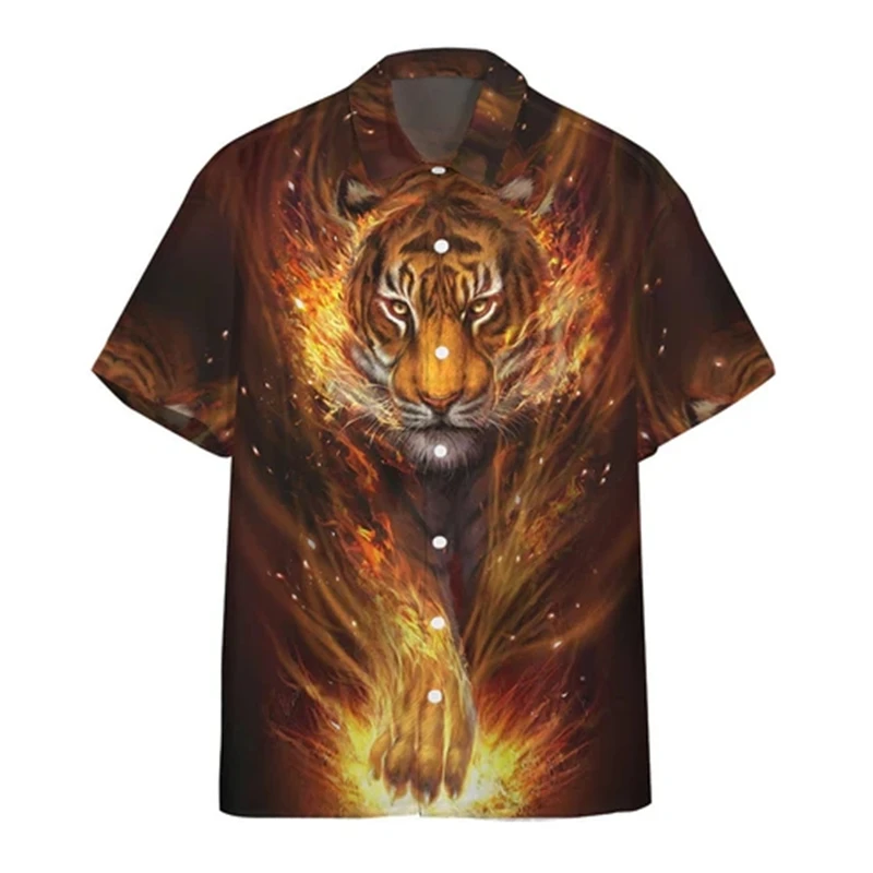 thumbnail image 1 of Camisa social Camisas de hombre de uso diario Blusa con estampado de tigre de manga corta con estampado de animales en 3D Camisetas casuales Ropa masculina de gran tamaño, 1 of 5