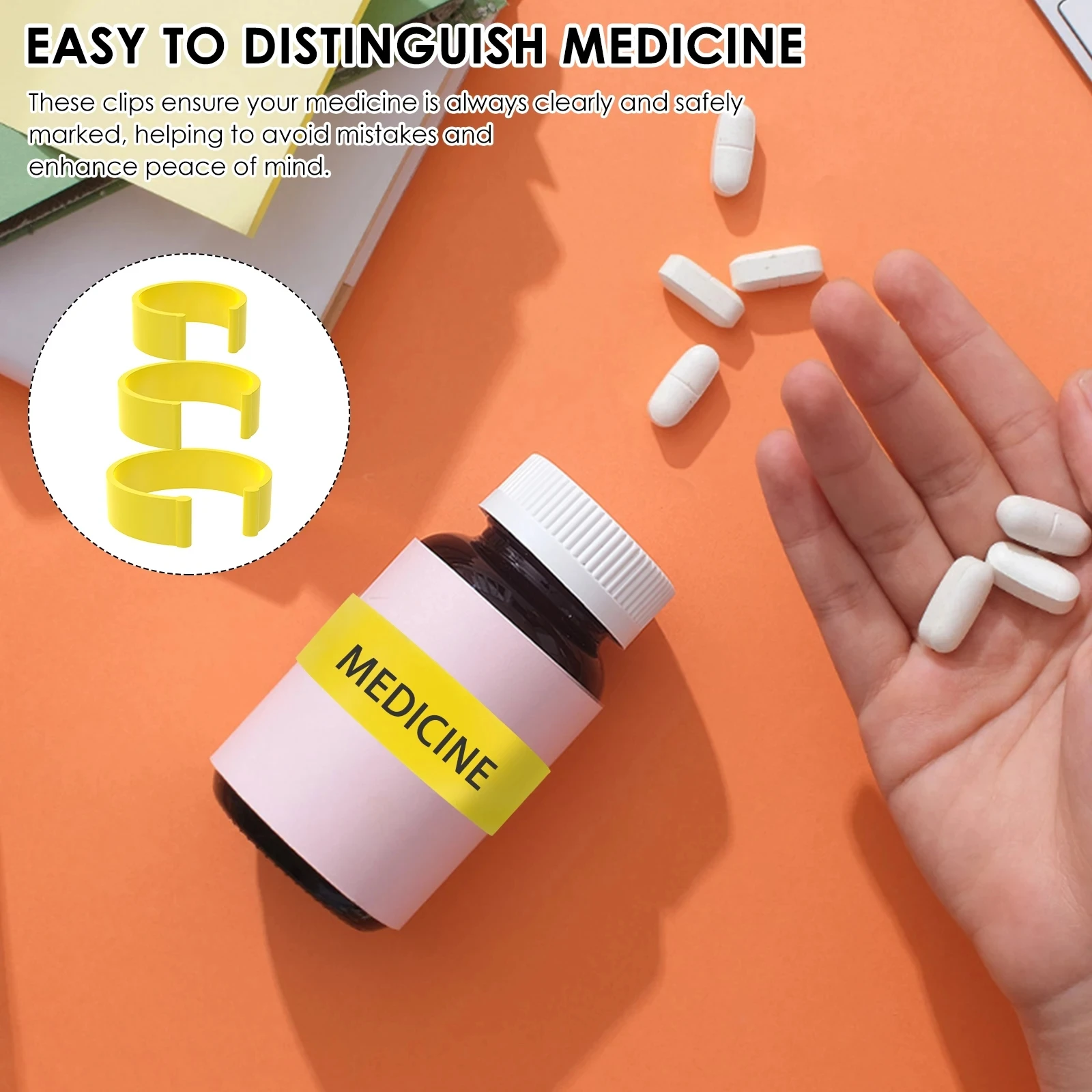 Medicine Bottle Clips for Easy Medication Identification Portable Pill Bottle Clip with Marker Labels Pen, Perfect for Daily Use