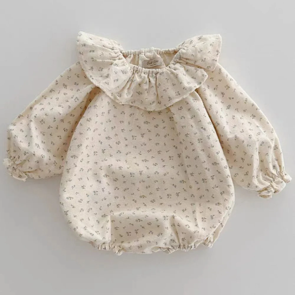 thumbnail image 1 of Body Floral de estilo coreano para niña, mono de algodón con cuello de hoja de loto, ropa de bebé de una pieza para primavera y otoño de 100 días, 1 of 6