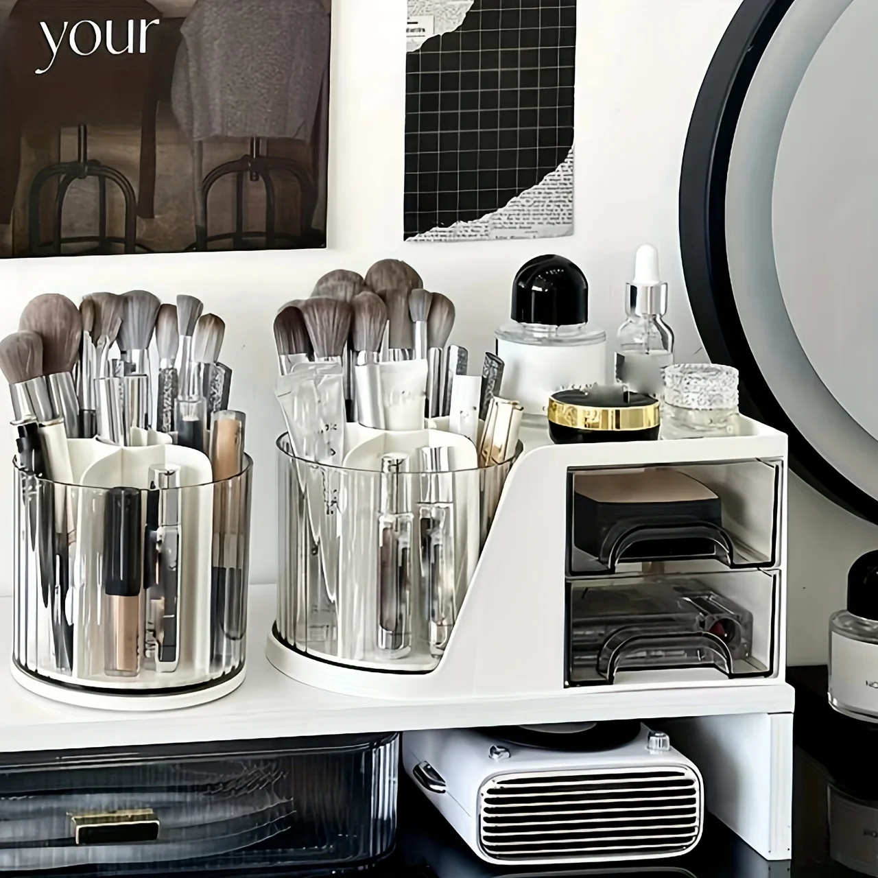 1pc 360-Degree Rotating Desk Organizer with Drawer - PET Pen Holder & Stationery Storage Box  multifunctional makeup storage box 3