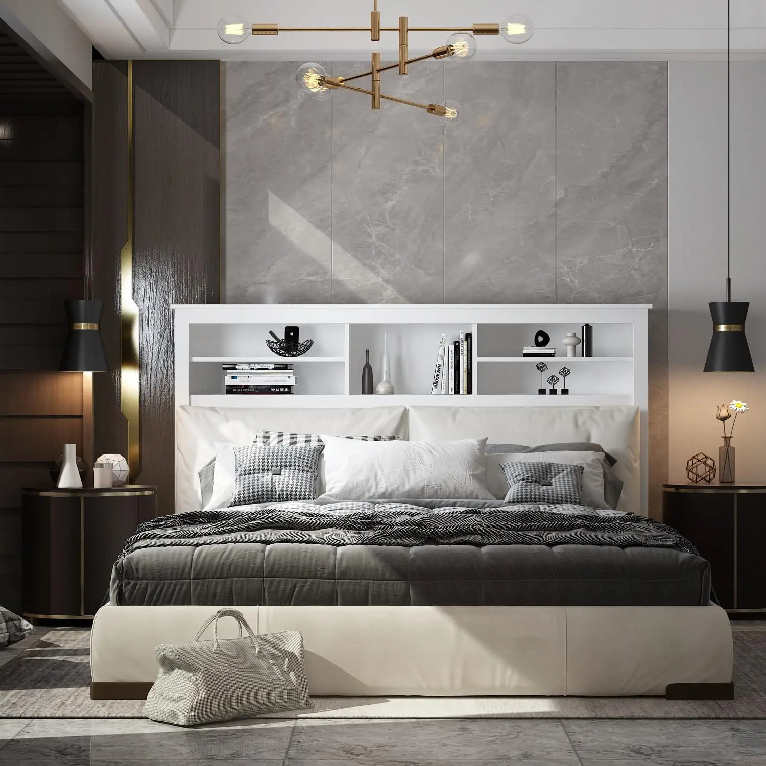 Full/Queen Size Headboard with Adjustable Light, Wood Modern Headboard with 5 Storage Shelves, Bluetooth, Remote & USB Port for