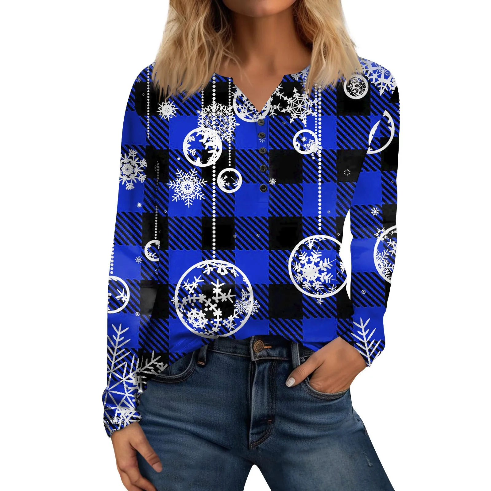 

Christmas Casual T Shirt Women's Color Block Snowflake And Plaid Print Tops Casual Long Sleeve Crew Neck Pullovers Femme