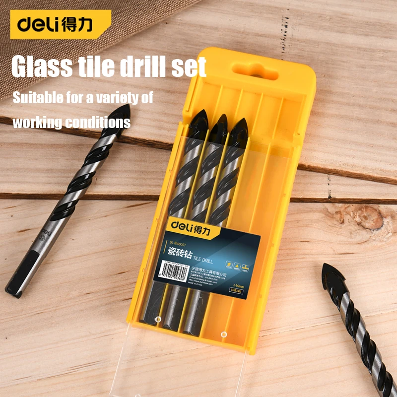 

Deli Glass Tile Drill Set Non-slip Triangular Handle Design Alloy Cutter Head Drilling Glass Concrete Bit Kit for Electrician