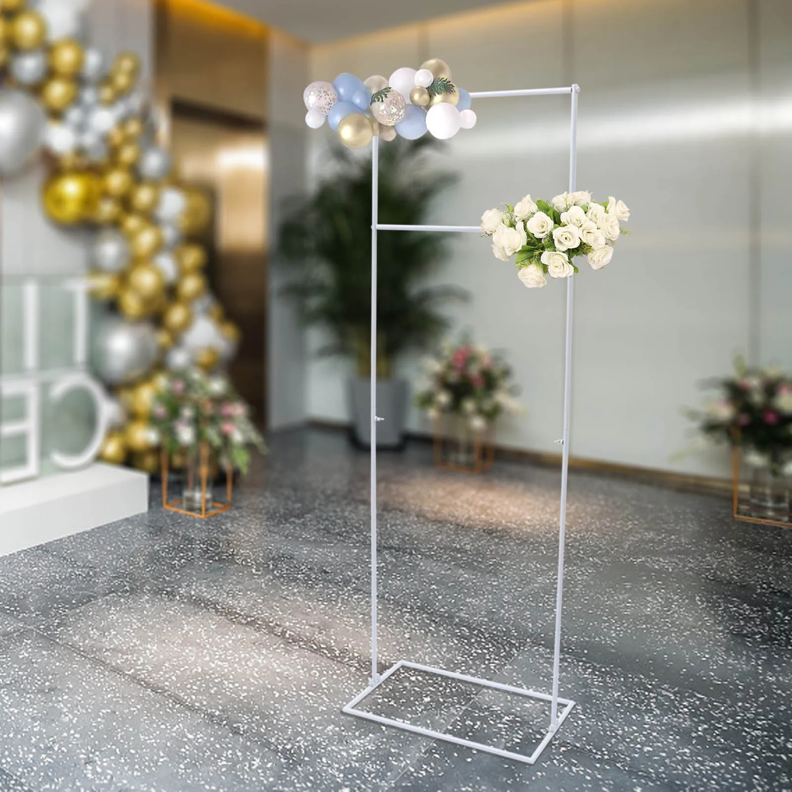 5FT Metal Wedding Arch Stand Rectangle Balloon Frame Backdrop Venue Decor Flower Display Rack for Wedding 155cm Gold/White