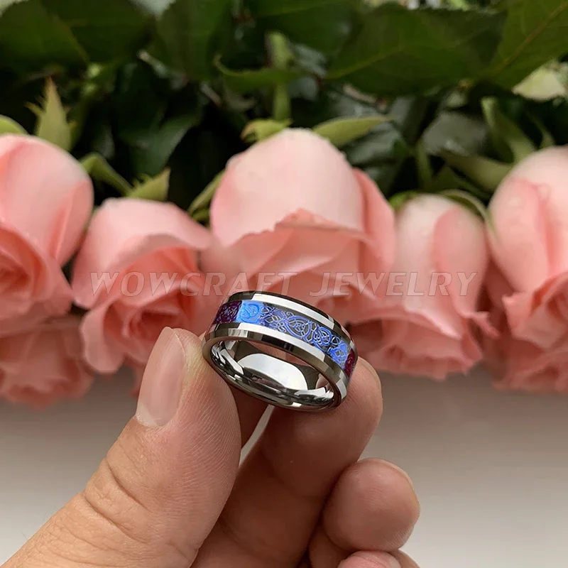 Tungsten Wedding Bands 8mm Blue Blue Dragon Rings for Men Women Engagement Ring Polished Shiny with Carbon Fiber Comfort Fit