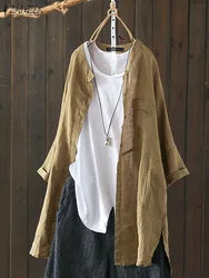 Womens Shirts 2023 ZANZEA Vintage Cotton Tunic Casual Long Sleeve Shirt Button Cardigans Female Soid Patchwork Tops Plus Size