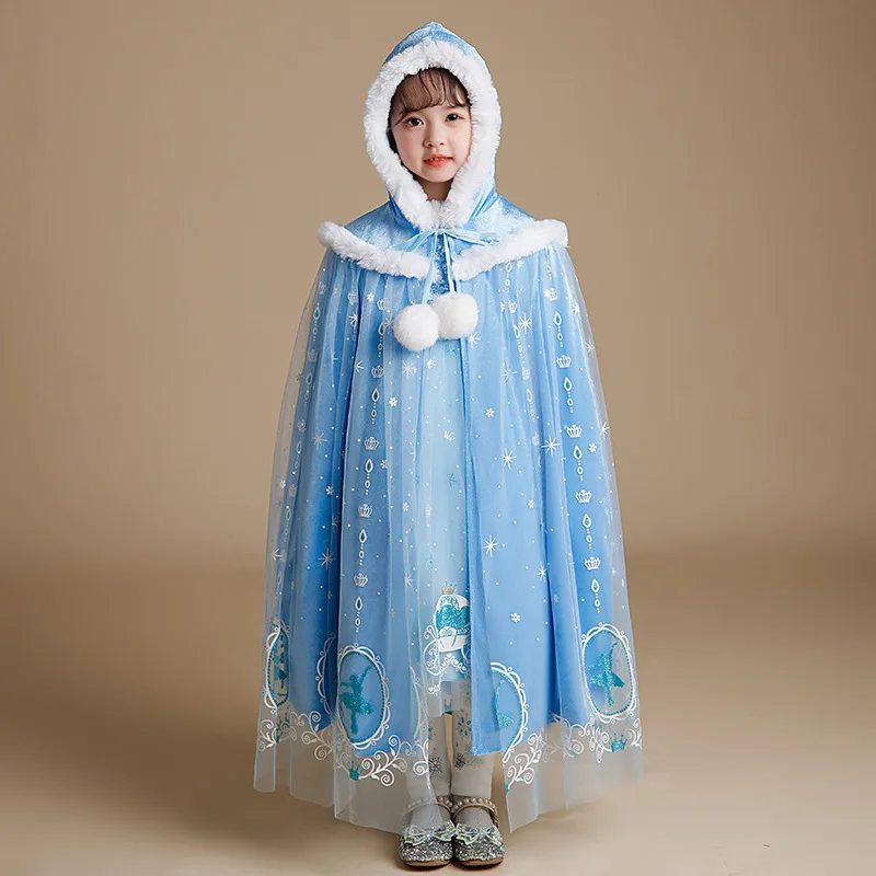 

Ice and Snow Cloak Autumn and Winter Children's Warm Lace-up Shawl Girls' Outer Wear Cloak Robe New Bybsf
