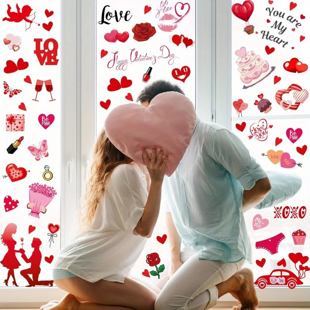 9PCS Window Stickers for Glass Valentine's Day Decorative Double Sided Wall Decals Love Tree Glass Home Decorations