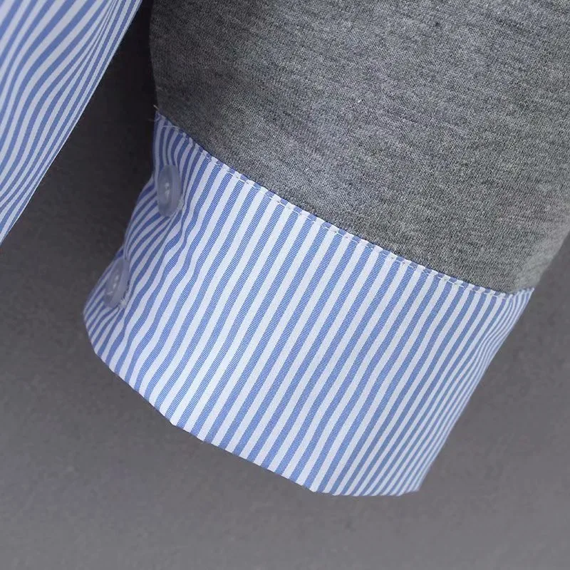 Women's Loose Stripe Tops, Female Hoodies, Plus Size Sweatshirts, Casual Clothes, Fake Two Pieces, Spring, Autumn