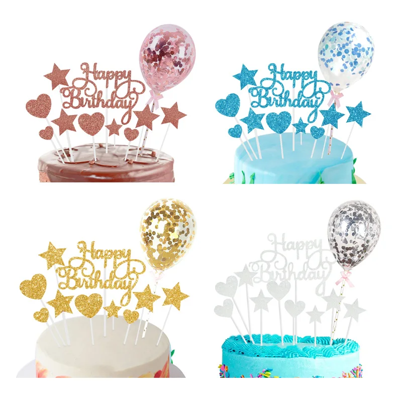 1 Set Happy Birthday Cake Topper Heart Star Cupcake Toppers Wedding Birthday Party Baby Shower Decoration Baking Cake Supplies