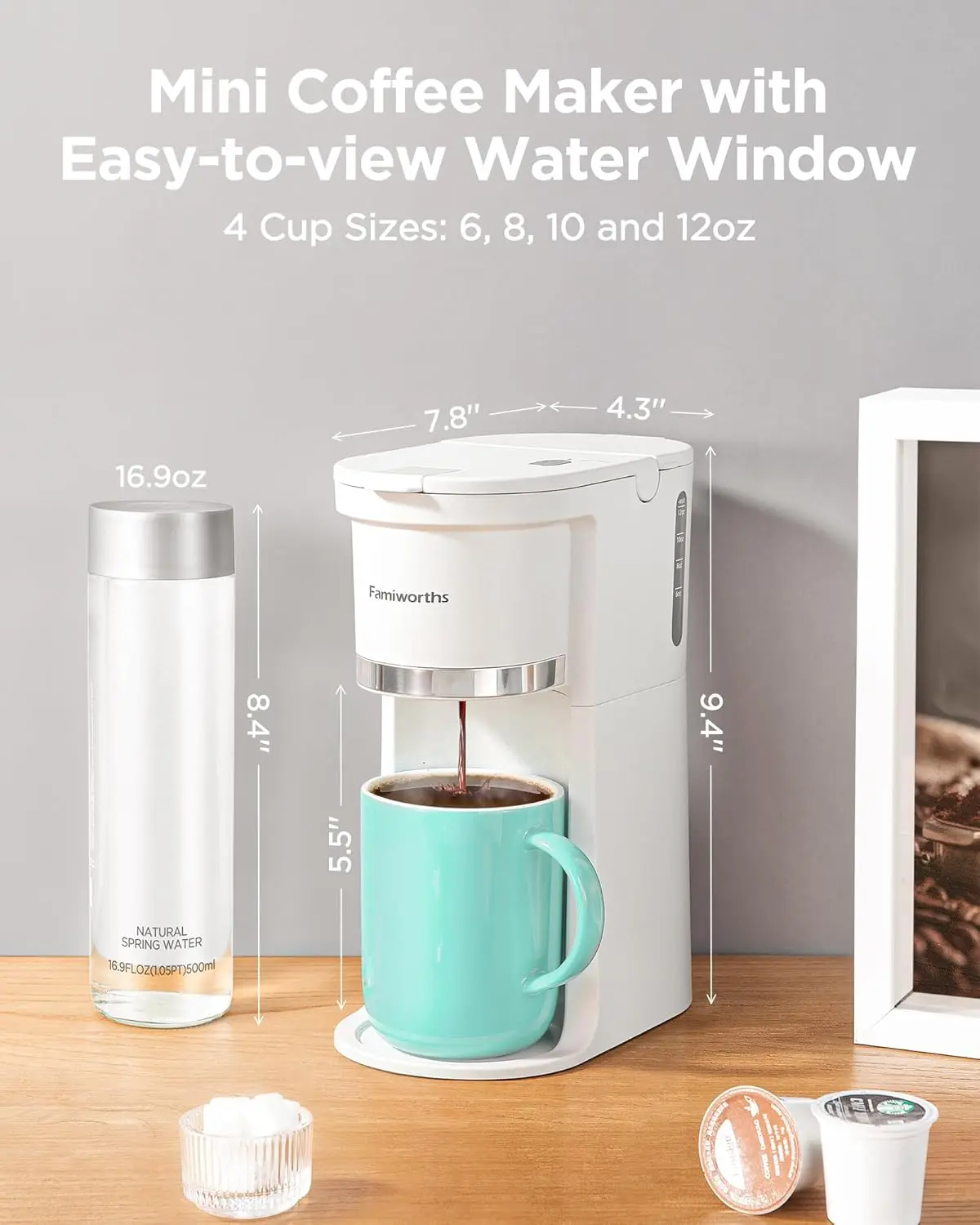Mini Coffee Maker Single Serve, Instant One Cup for K Cup & Ground Coffee, 6 to 12 Oz Brew Sizes, Capsule Coffee Machine, White