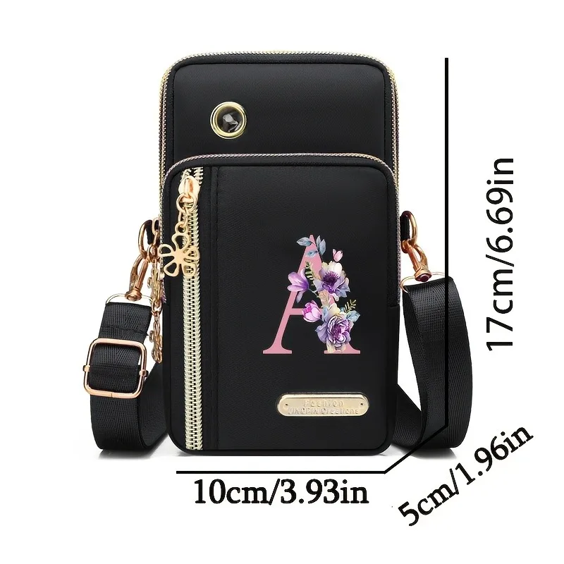 Floral Print Mobile Wallet with Zippered Card Organizer and Adjustable Strap