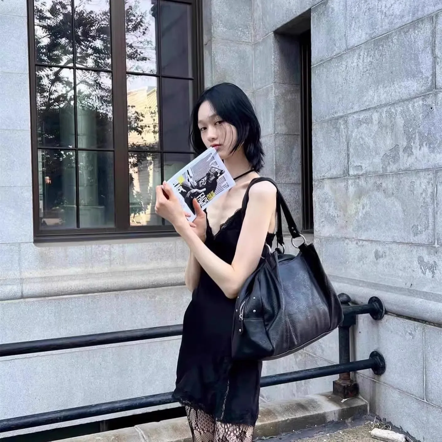 Leather Shoulder Bag Korean niche ASON 24FW leather mini motorcycle single shoulder armpit large capacity handbag
