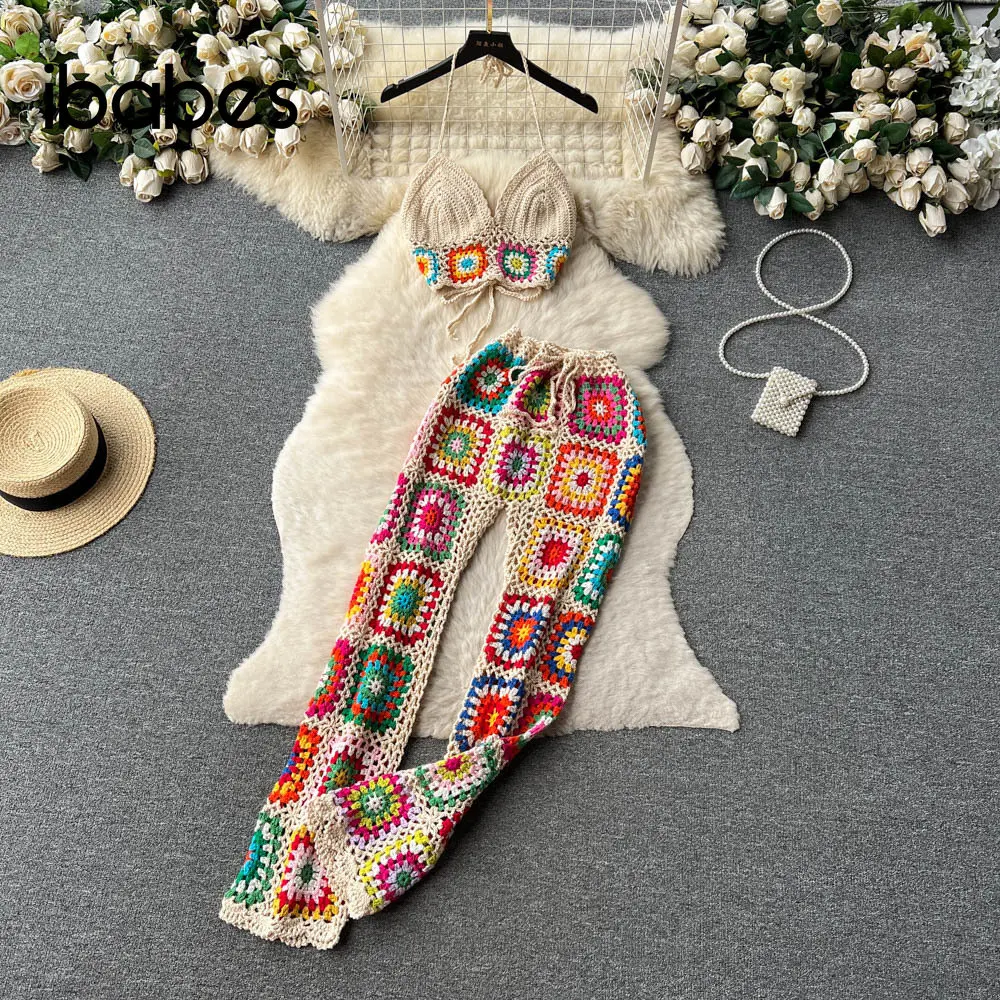 Bohemian Crochet Knitted Women Beach Cover Ups Halter Neck Bikini Top Hollow Out Plaid Pants 2 Piece Set Summer Holiday Outfits 3 gears usb electric heating scarf washable neck warmer winter intelligent heated plaid neck cover unisex warm neck wrap scarf