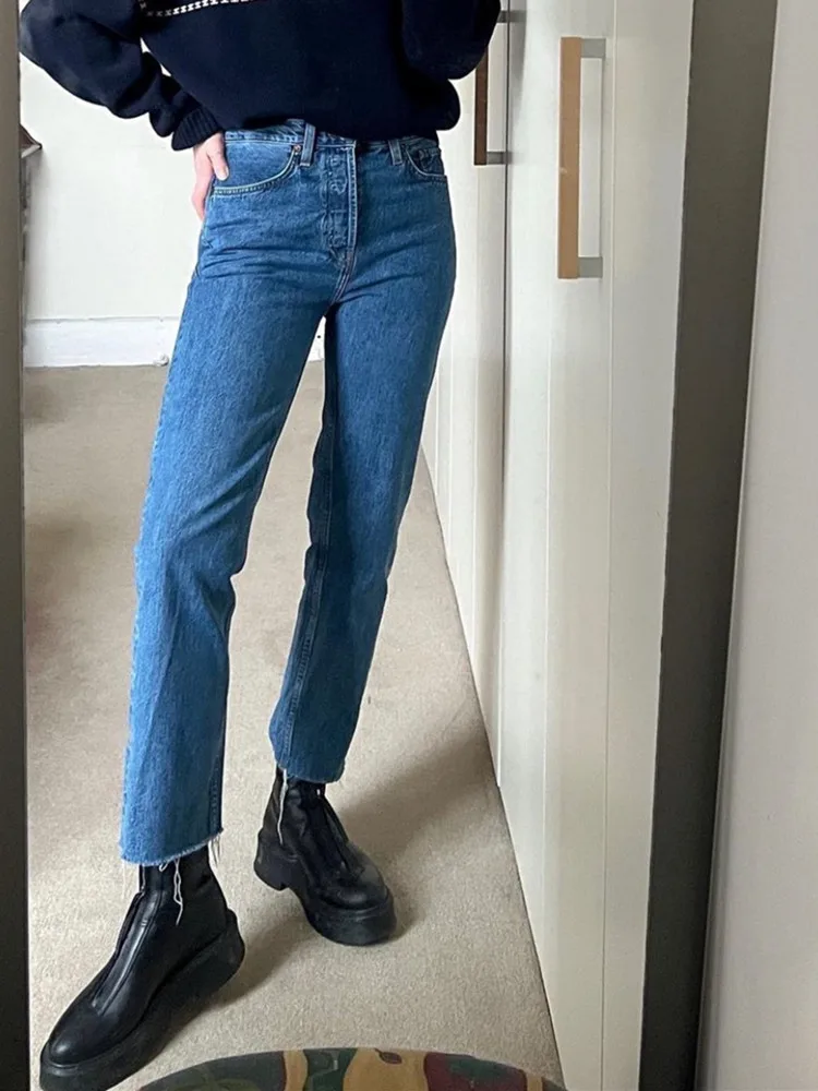 

Women High Waist Slim Ankle-Lenght Denim Pants Solid Color Casual 2023 Early Autumn Fashion Female Jeans