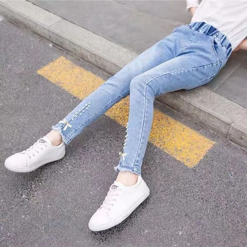 

Spring Summer Girls Solid Jeans Children Pants Fashion Clothes 4 6 7 9 10 12 Years Old Teenage Student Kids Blue Denim Trousers