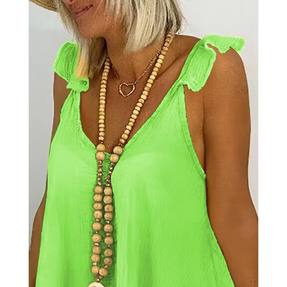 Women Sleeveless Flowy Top & Tassel Design Shorts Set Female V-Neck Solid 2 Piece Casual Loose Summer 2023 Outfits Clothing