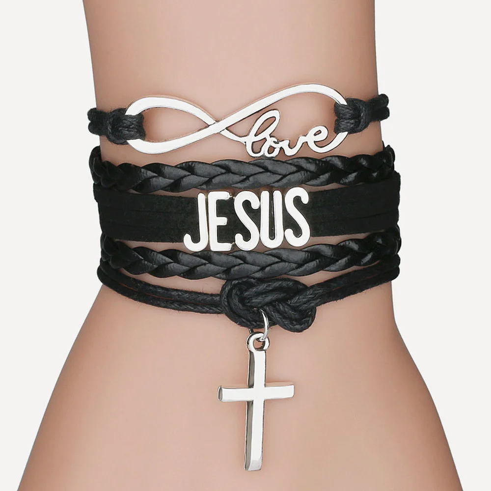 Mixed Color Rope Bracelet Infinity Love Jesus Christian Cross God Charms Pendants Leather Bracelet Unisex Jesus Jewelry 3