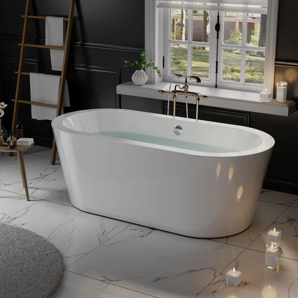 Acrylic Freestanding Bathtub Contemporary Stand Alone Soaking Tub with Overflow and Drain, , Luxury White hot tub 4