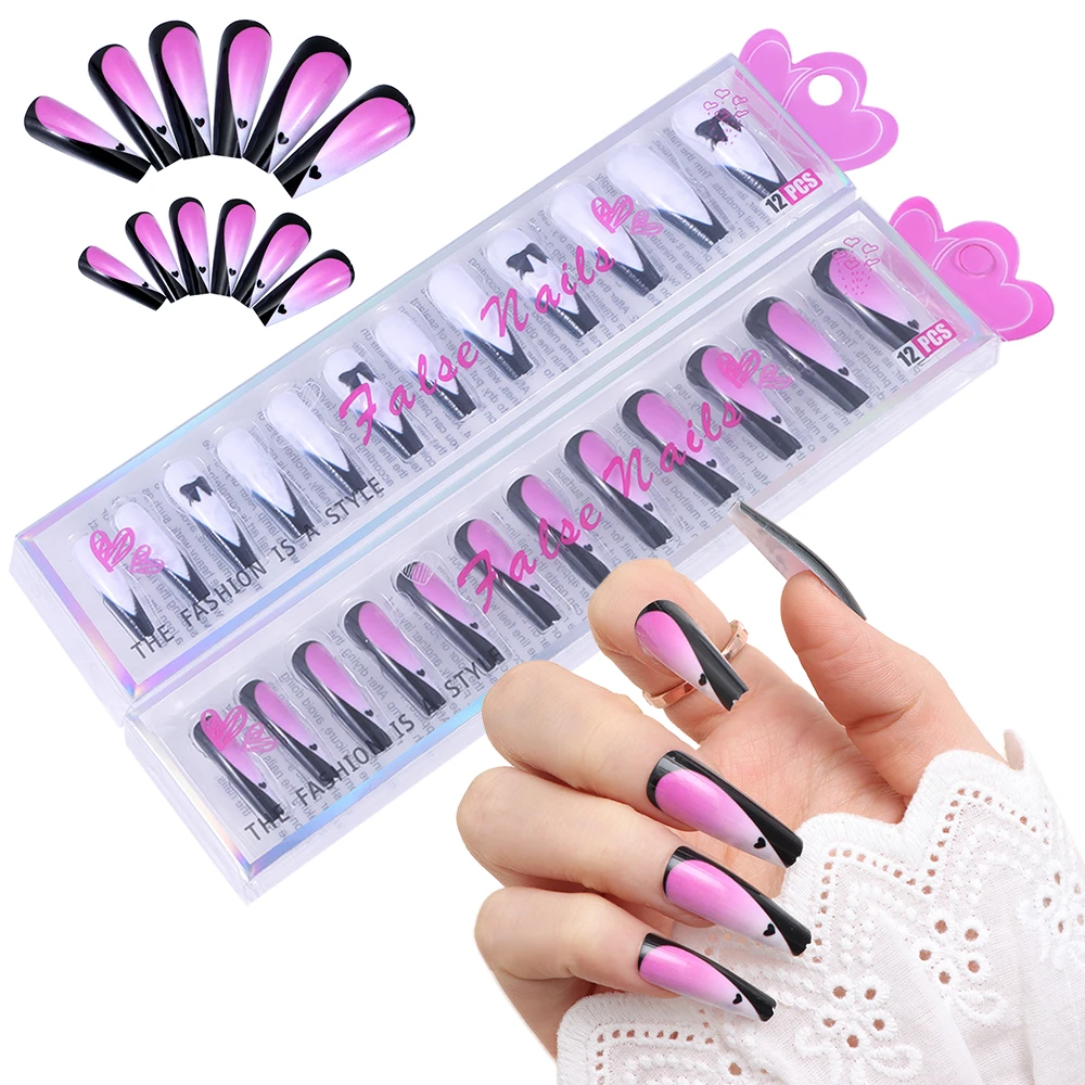 12pcs Black And White French Design Fake Nails Butterfly White Pink Nail Art Tips Long Press On False Tips Full Cover Fingernail Aliexpress